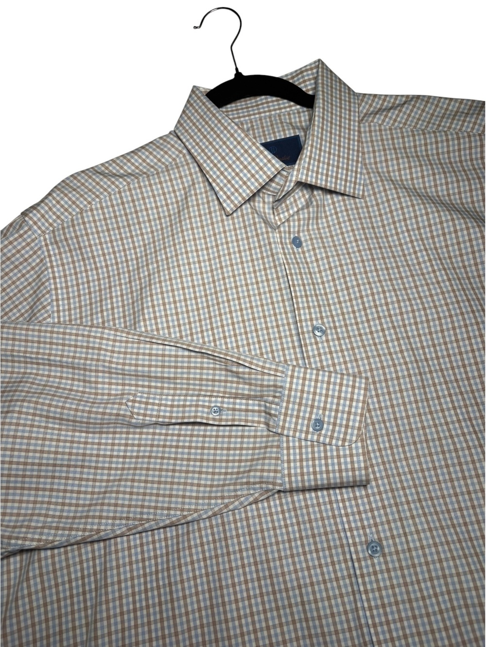 David Donahue 100% Cotton Blue Brown Gingham Men's 17.5/37 Dress Shirt